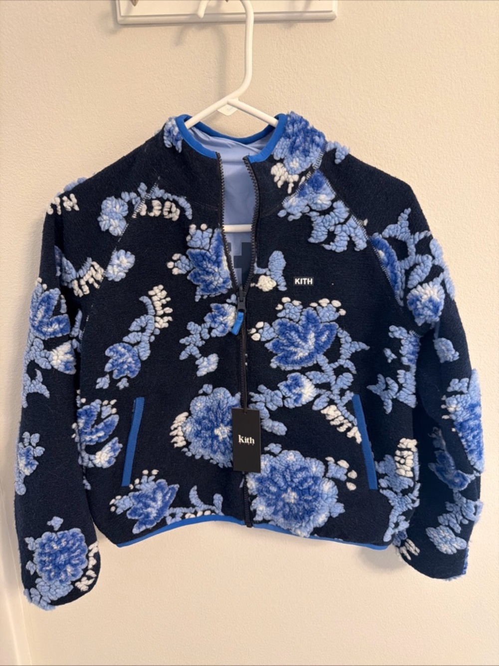 Kith Navy Floral Sherpa Zip-Up Jacket with Light Blue Accents